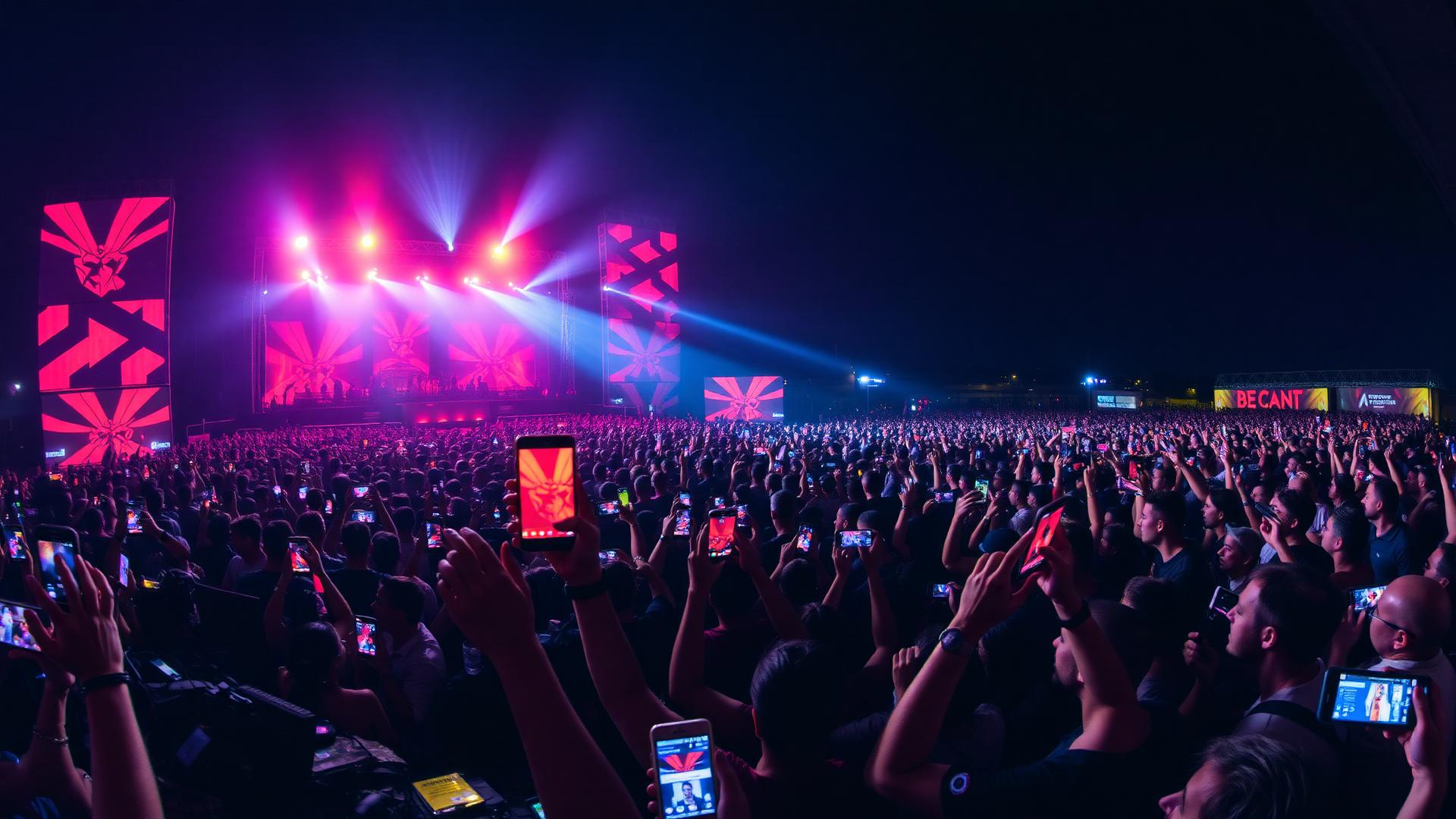 Een festivalpubliek speelt Hitster LIVE mee op de telefoon voor het podium