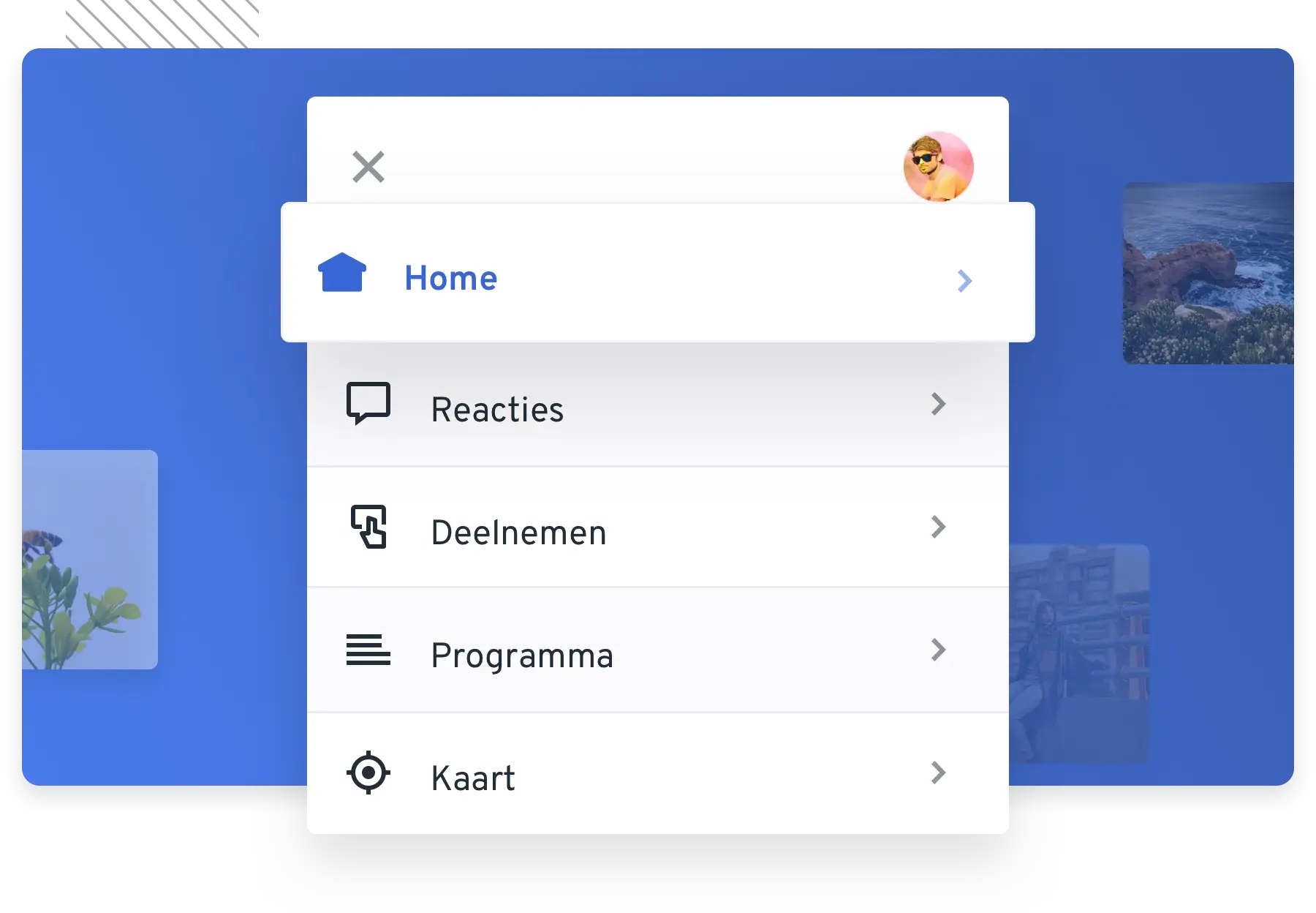Het menu van een PresentersWall-eventpagina met reacties, deelnemen, programma en kaart