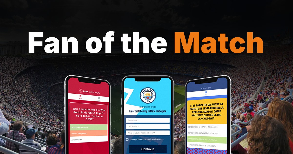 Drie telefoons met Fan of the Match-quizzen voor een volle voetbaltribune
